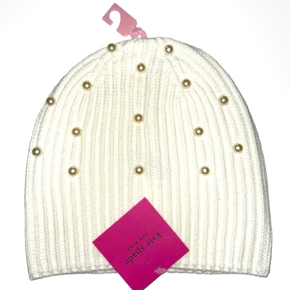 KATE SPADE Beanie Pearl Embellished Knit Cap French Cream Ivory NWT - Picture 6 of 9